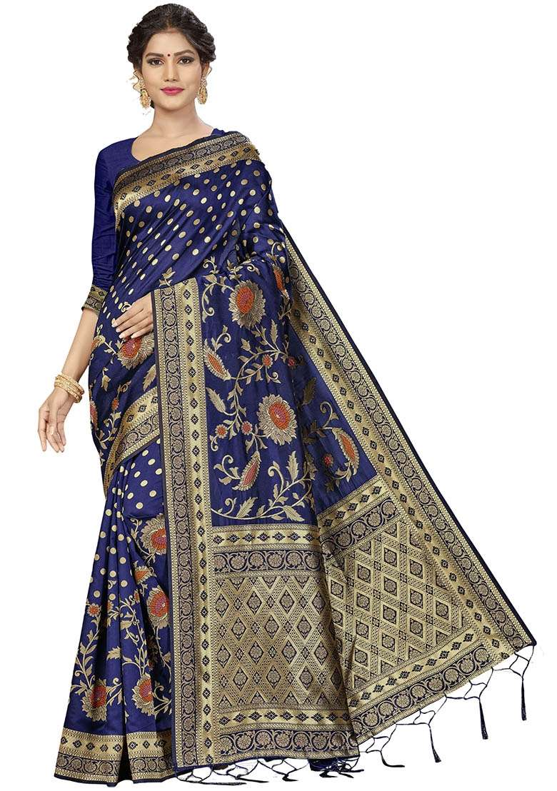 Navy Blue Silk Blend Saree Set with Embroidered for Diwali | Wedding & Festive Wear - Indya
