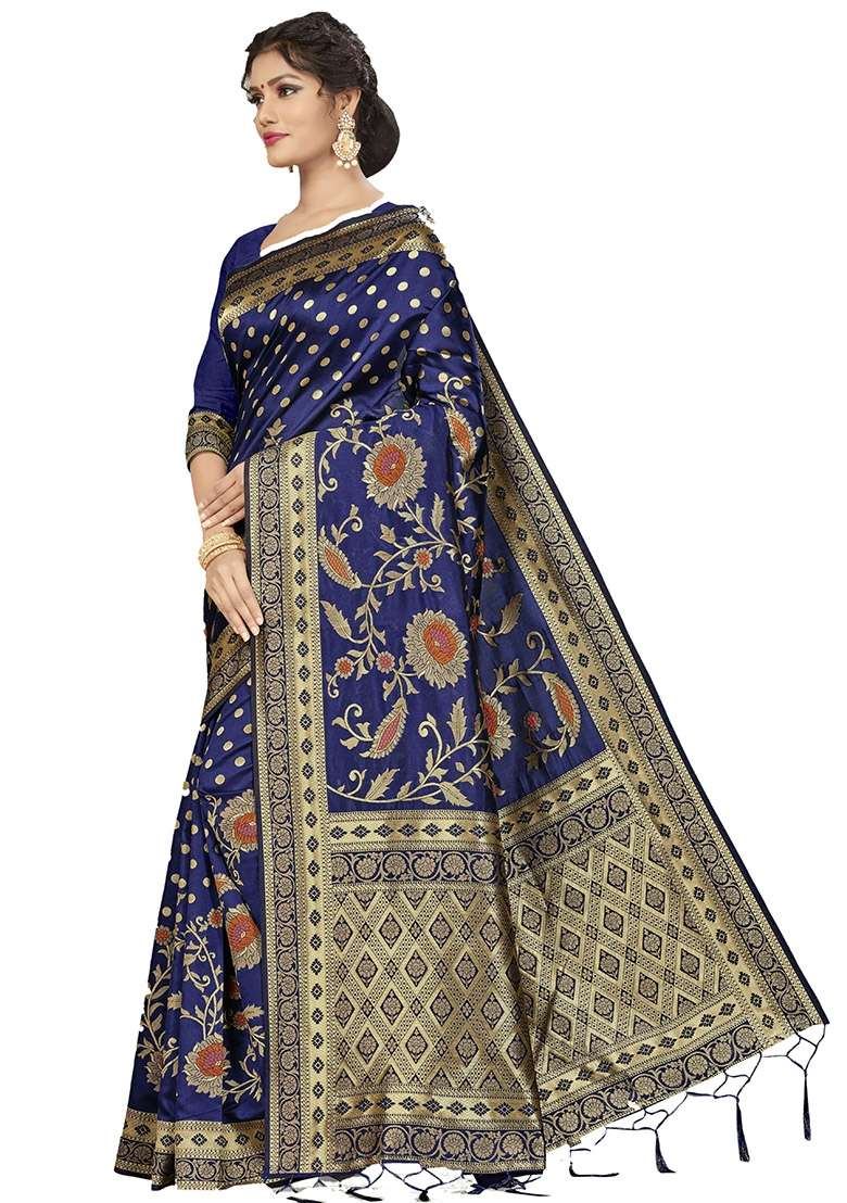 Navy Blue Silk Blend Saree Set with Embroidered for Diwali | Wedding & Festive Wear - Indya