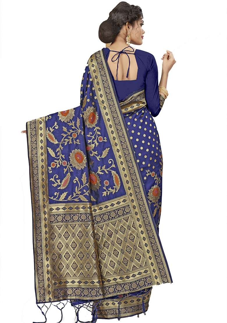 Navy Blue Silk Blend Saree Set with Embroidered for Diwali | Wedding & Festive Wear - Indya