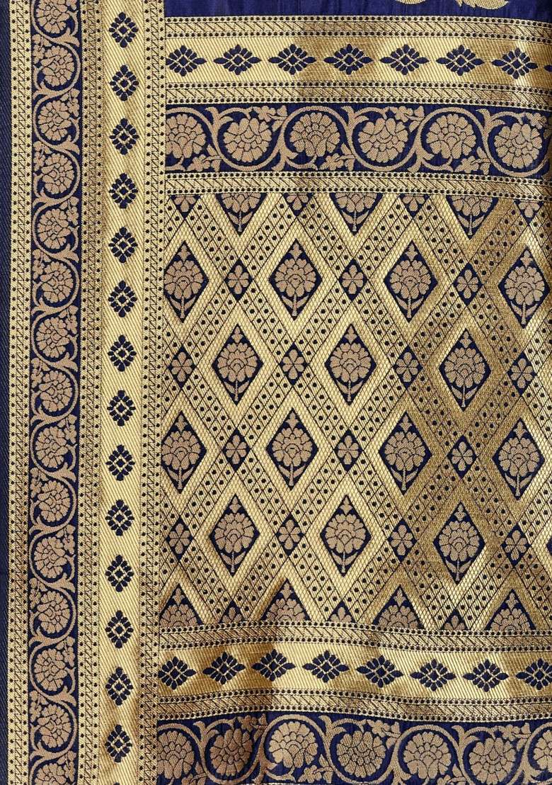 Navy Blue Silk Blend Saree Set with Embroidered for Diwali | Wedding & Festive Wear - Indya