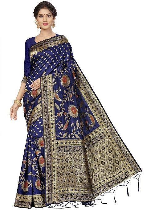 Navy Blue Embroidered Silk Saree Set