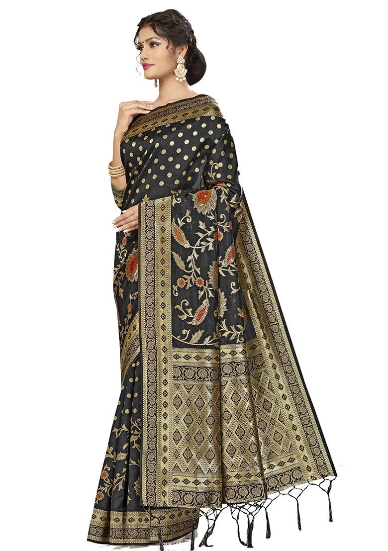 Black Embroidered Silk Saree Set - Indya