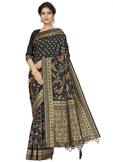 Black Embroidered Silk Saree Set