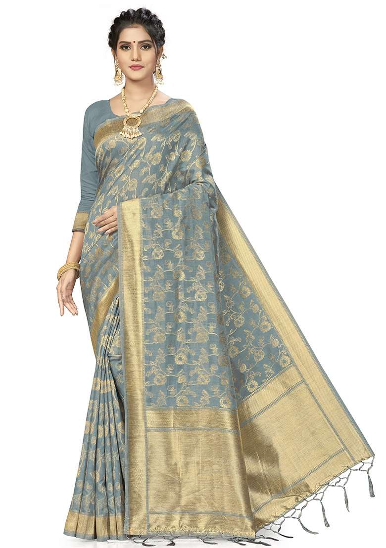 Grey Embroidered Silk Blend Saree Set for Diwali and Festive Wear - Indya