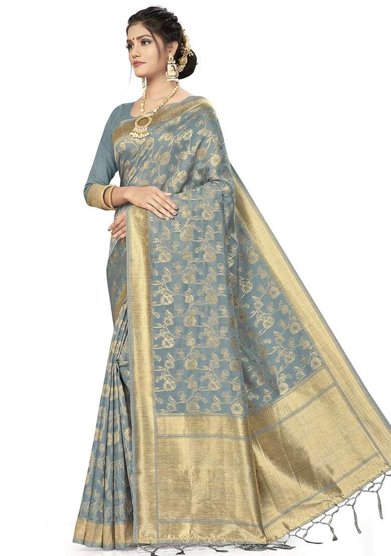 Grey Embroidered Silk Blend Saree Set for Diwali and Festive Wear - Indya