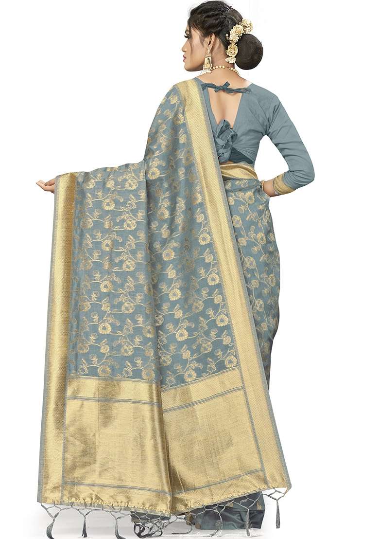 Grey Embroidered Silk Blend Saree Set for Diwali and Festive Wear - Indya