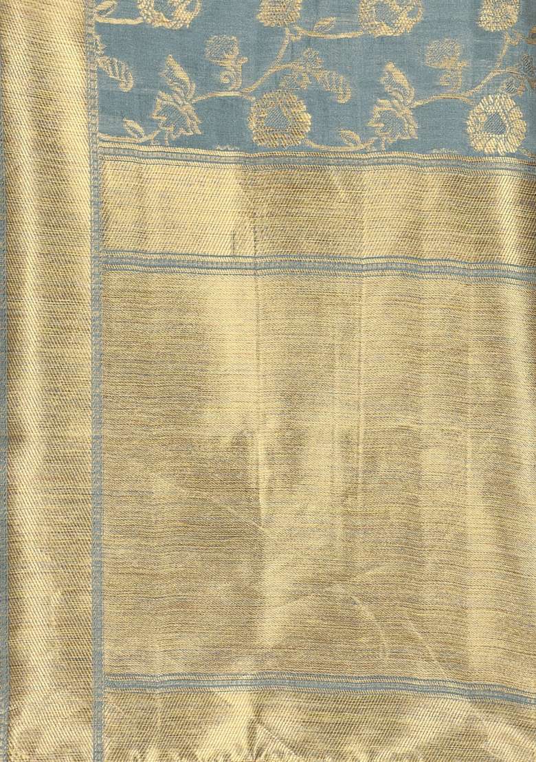 Grey Embroidered Silk Blend Saree Set for Diwali and Festive Wear - Indya