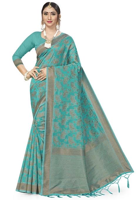 Blue Embroidered Silk Saree Set