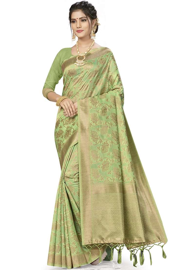 Pista Green Embroidered Silk Blend Saree Set for Diwali and Festive Wear - Indya
