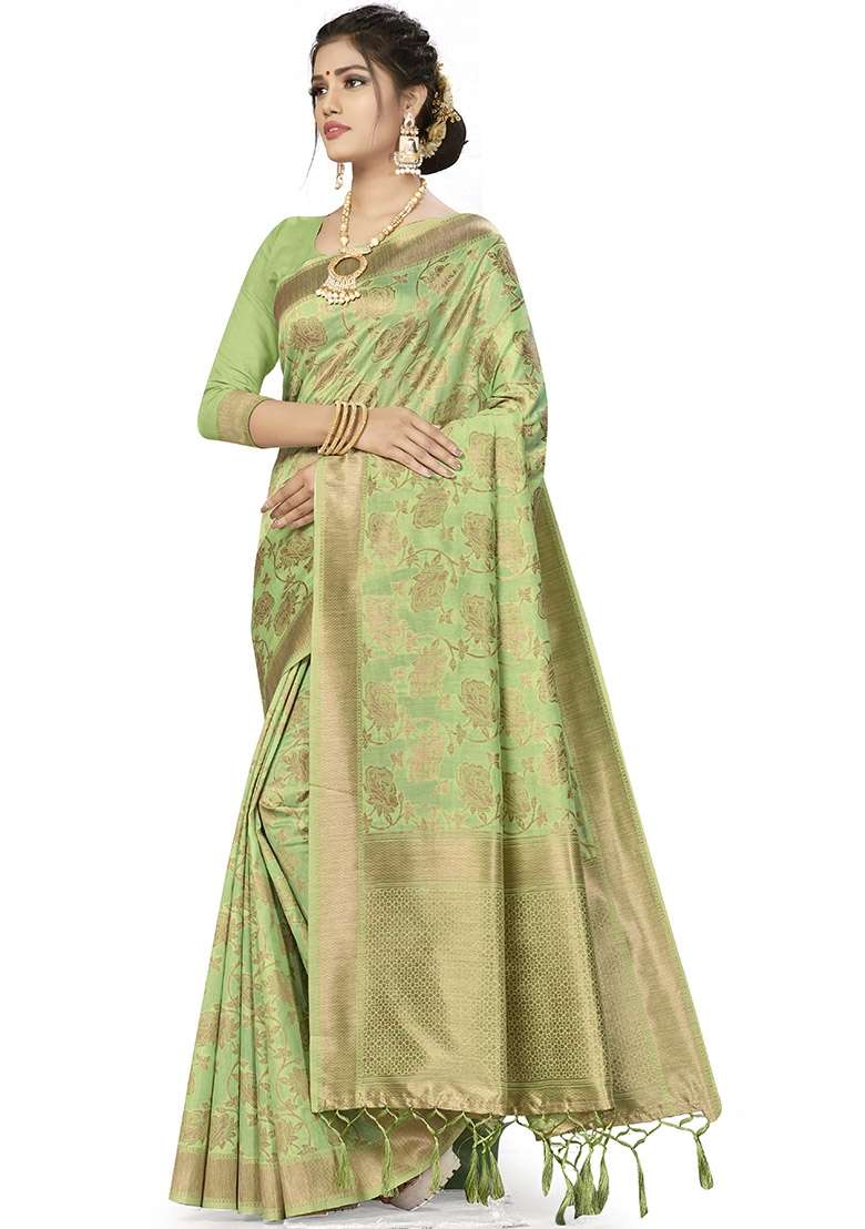 Pista Green Embroidered Silk Blend Saree Set for Diwali and Festive Wear - Indya