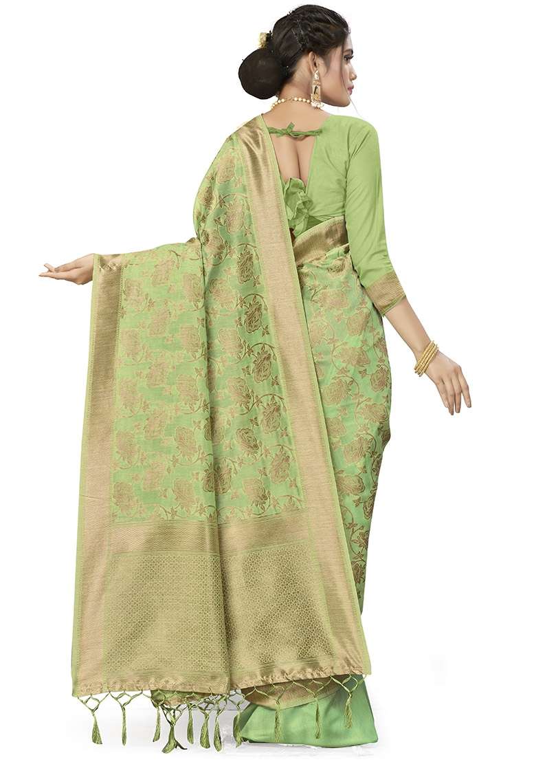 Pista Green Embroidered Silk Blend Saree Set for Diwali and Festive Wear - Indya