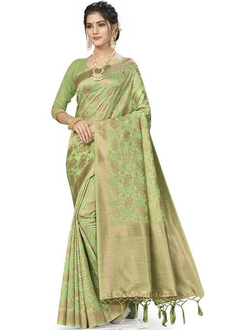 Pista Green Embroidered Silk Saree Set