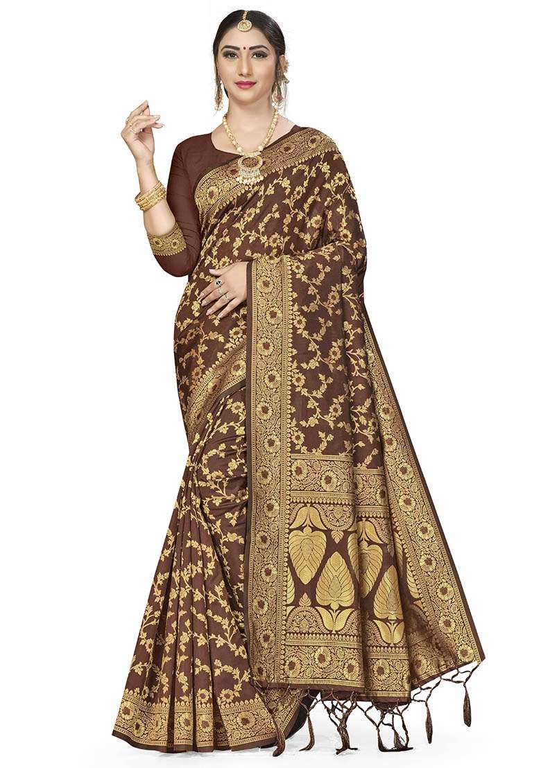 Brown Embroidered Silk Blend Saree Set for Diwali and Festive Wear - Indya
