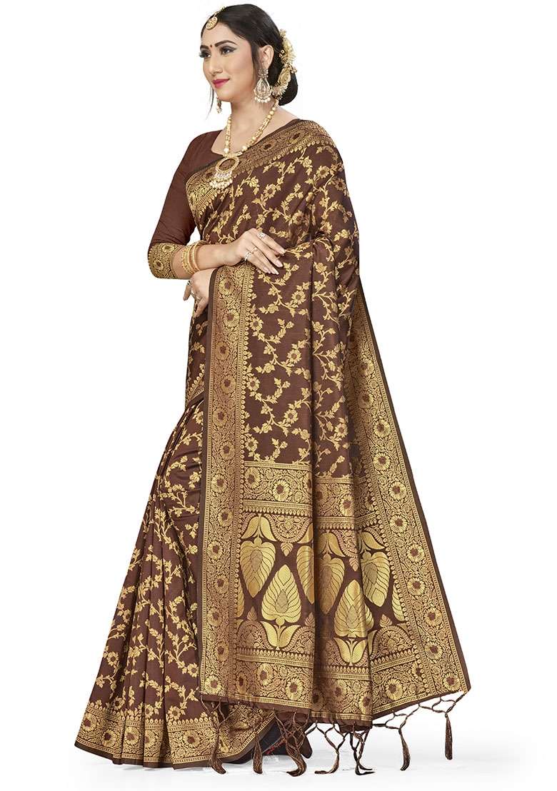 Brown Embroidered Silk Blend Saree Set for Diwali and Festive Wear - Indya