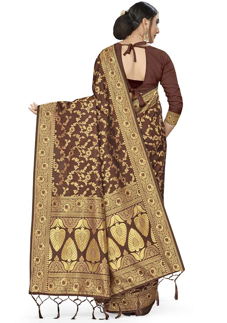 Brown Embroidered Silk Blend Saree Set for Diwali and Festive Wear - Indya