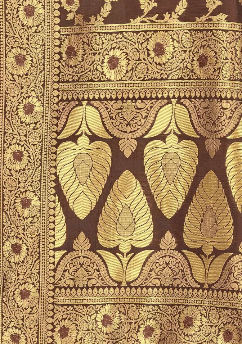 Brown Embroidered Silk Blend Saree Set for Diwali and Festive Wear - Indya