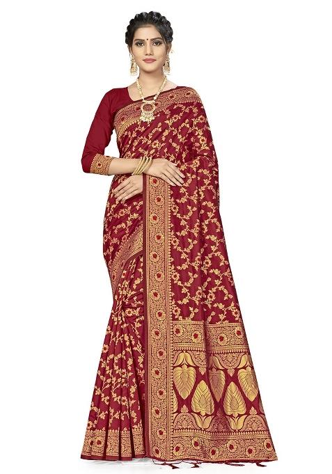 Maroon Embroidered Silk Saree Set