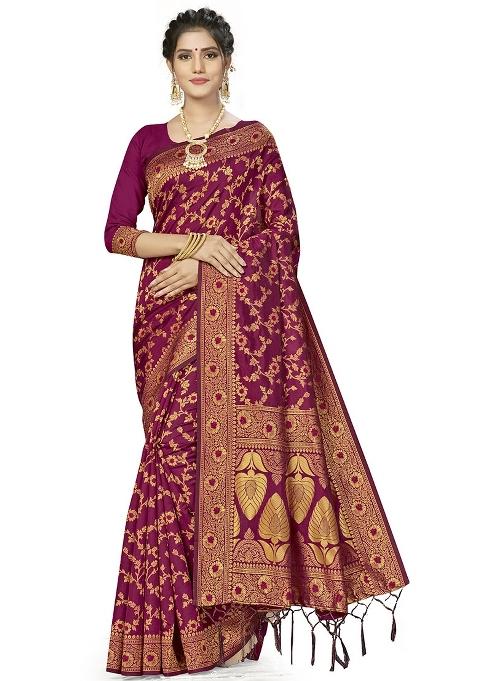 Purple Embroidered Silk Saree Set