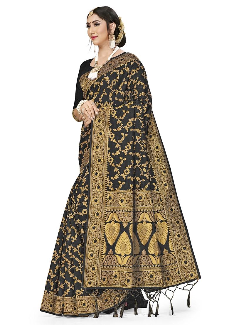 Black Embroidered Silk Saree Set - Indya