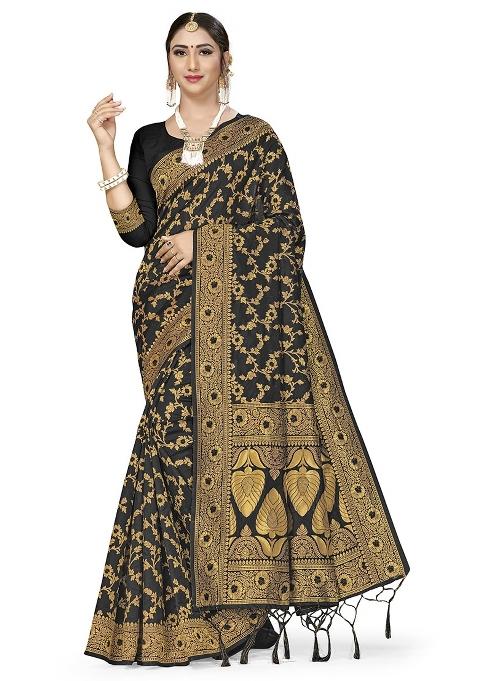 Black Embroidered Silk Saree Set