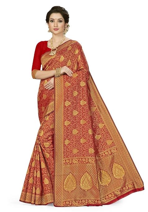 Red Embroidered Silk Saree Set