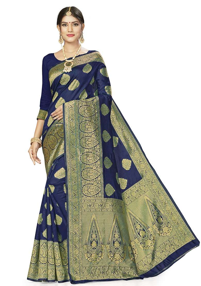 Dark Blue Embroidered Silk Blend Saree Set for Diwali and Festive Wear - Indya