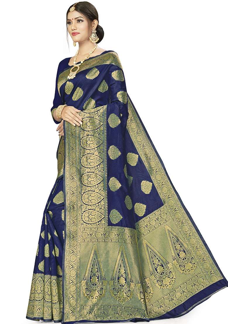 Dark Blue Embroidered Silk Blend Saree Set for Diwali and Festive Wear - Indya