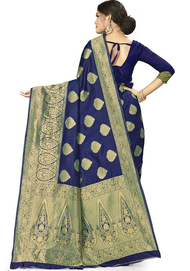 Dark Blue Embroidered Silk Blend Saree Set for Diwali and Festive Wear - Indya