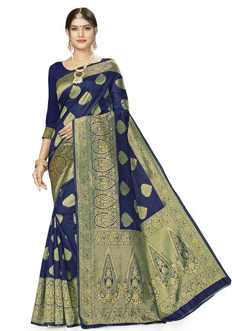 Dark Blue Embroidered Silk Saree Set