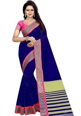 Blue Embroidered Cotton Blend Saree Set