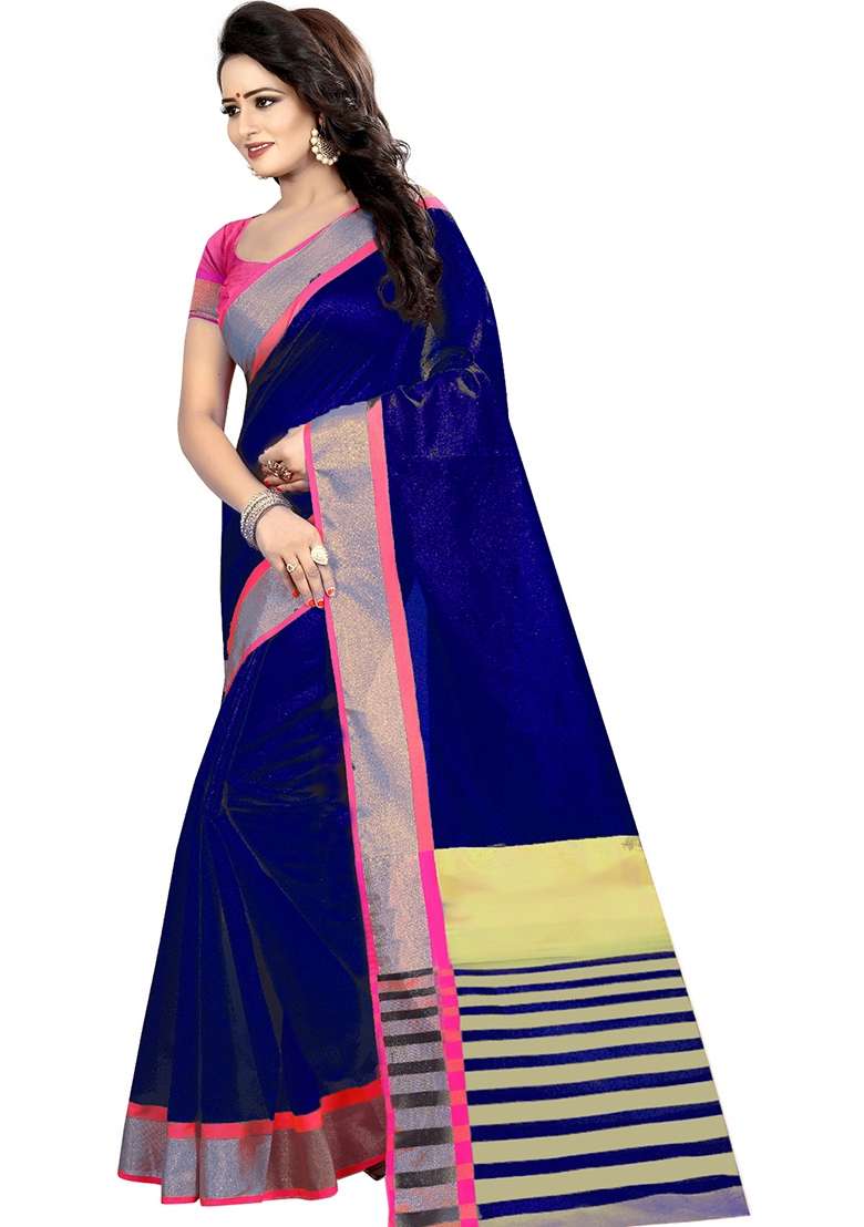 Blue Embroidered Cotton Blend Saree Set - Indya