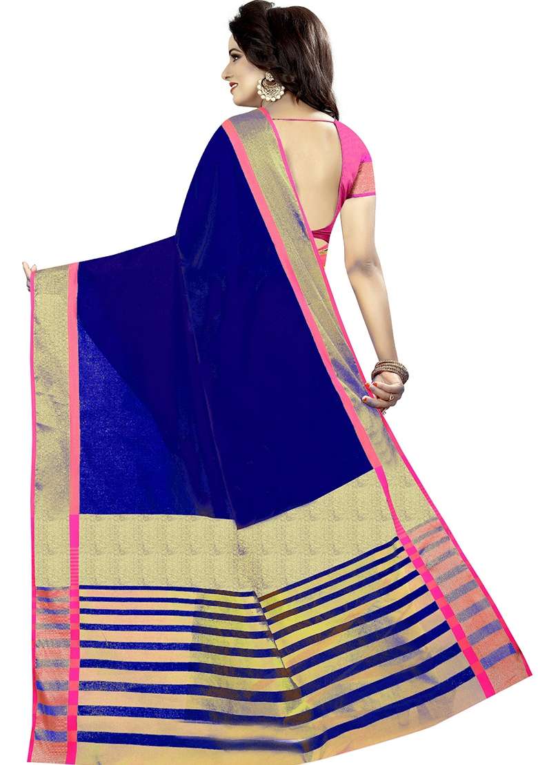 Blue Embroidered Cotton Blend Saree Set - Indya