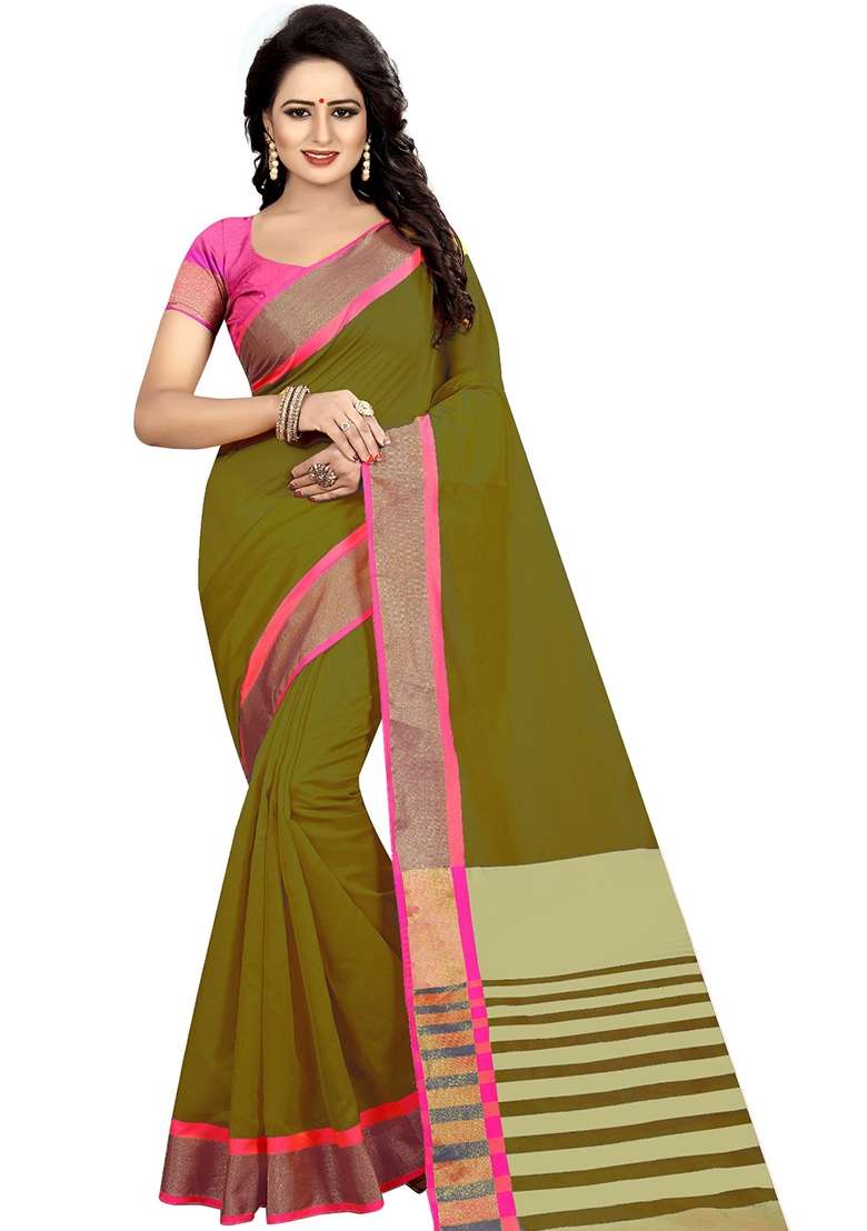 Olive Green Embroidered Cotton Blend Saree Set - Indya