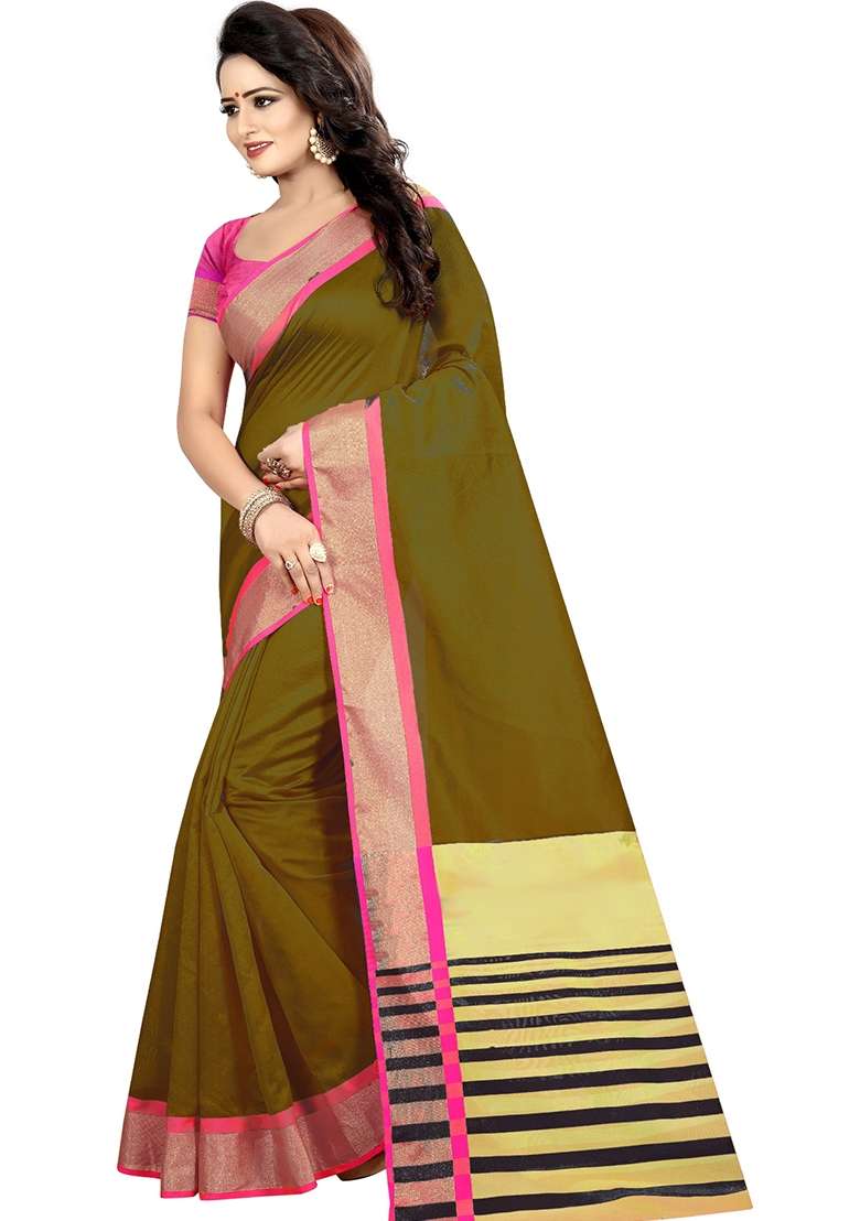 Olive Green Embroidered Cotton Blend Saree Set - Indya
