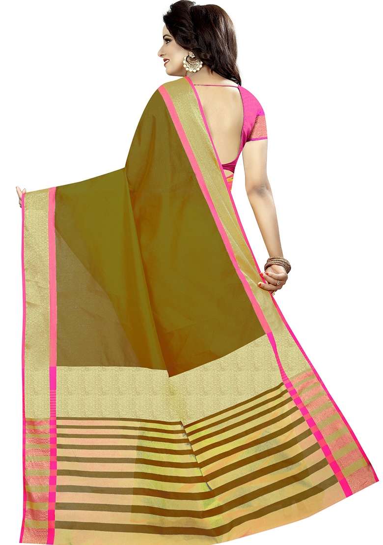 Olive Green Embroidered Cotton Blend Saree Set - Indya