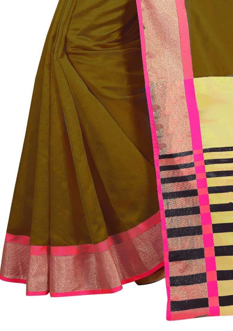 Olive Green Embroidered Cotton Blend Saree Set - Indya