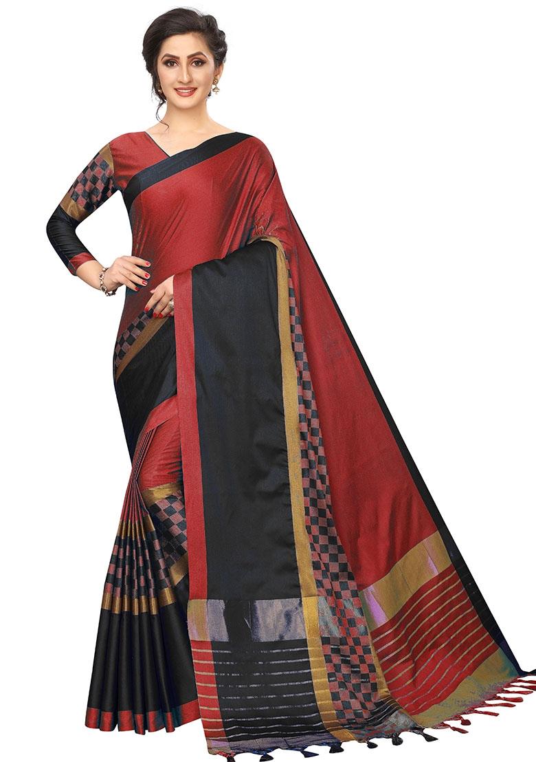 Multicolor Embroidered Cotton Blend Saree Set