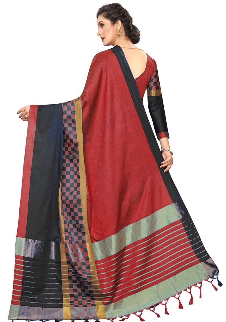 Multicolor Embroidered Cotton Blend Saree Set