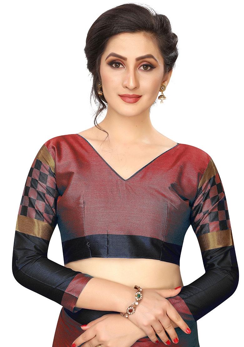 Multicolor Embroidered Cotton Blend Saree Set