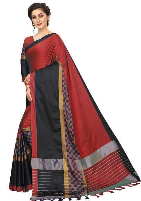 Multicolor Embroidered Cotton Blend Saree Set