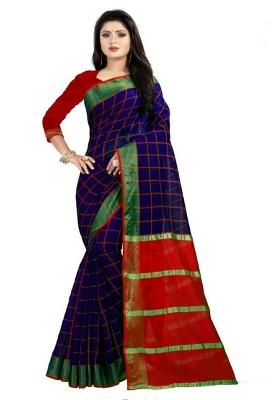 Blue Embroidered Cotton Blend Saree Set