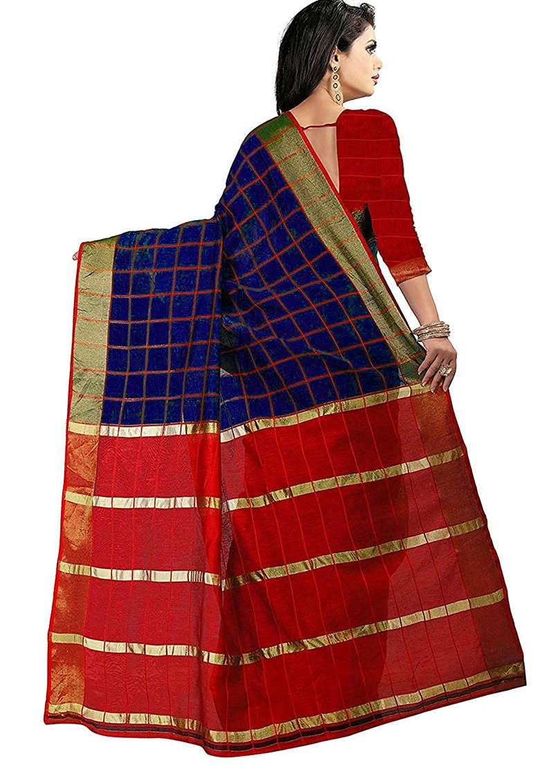 Blue Embroidered Cotton Blend Saree Set - Indya
