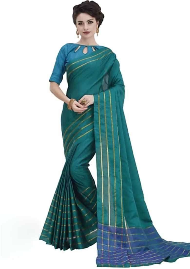 Green Embroidered Cotton Blend Saree Set - Indya