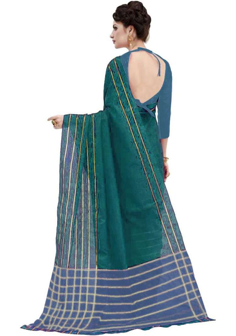 Green Embroidered Cotton Blend Saree Set - Indya