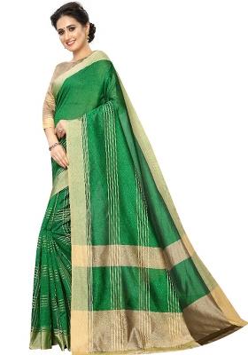 Green Embroidered Cotton Blend Saree Set