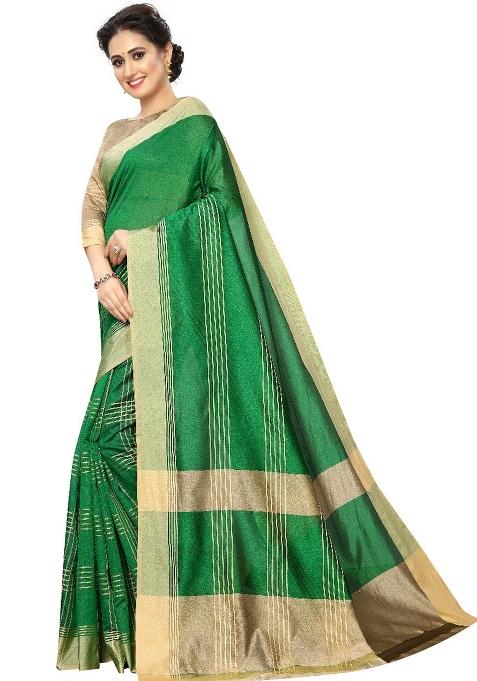 Green Embroidered Cotton Blend Saree Set