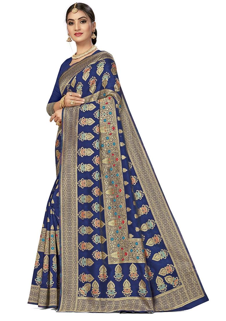 Blue Embroidered Silk Saree Set - Indya