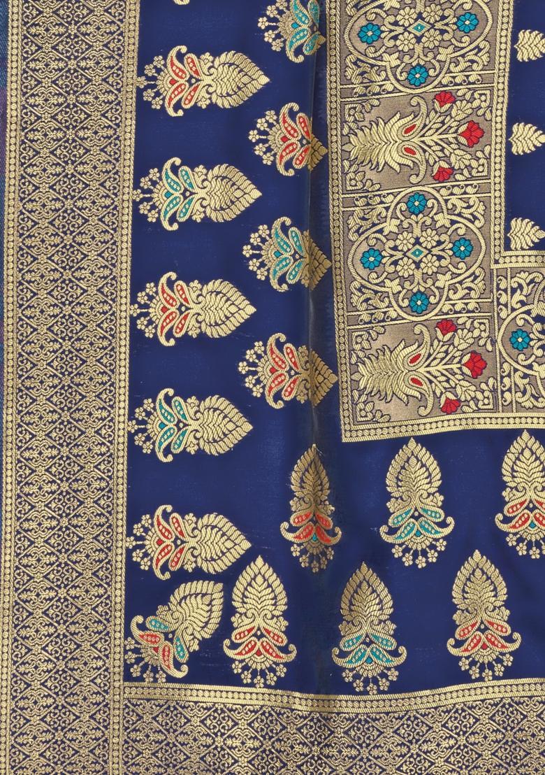 Blue Embroidered Silk Saree Set - Indya