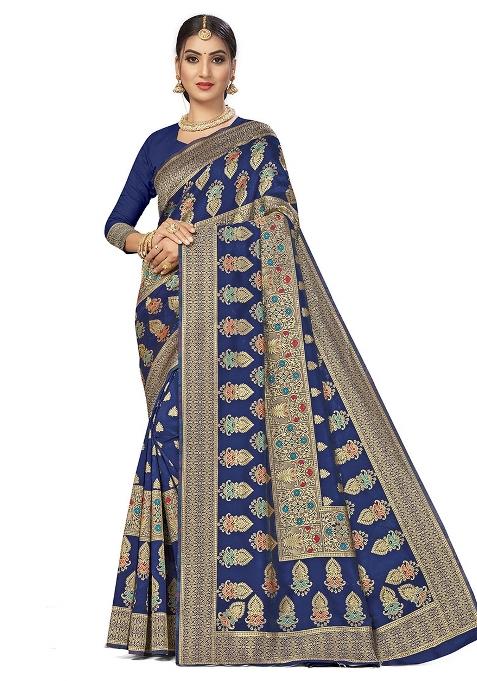 Blue Embroidered Silk Saree Set