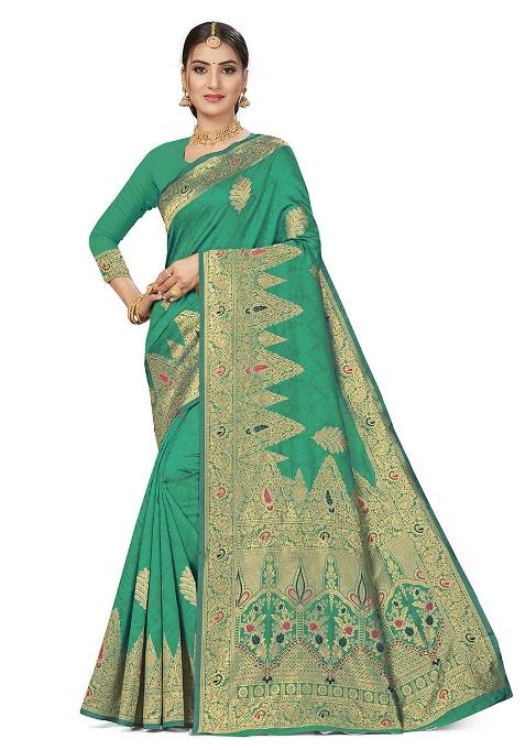 Green Embroidered Silk Saree Set